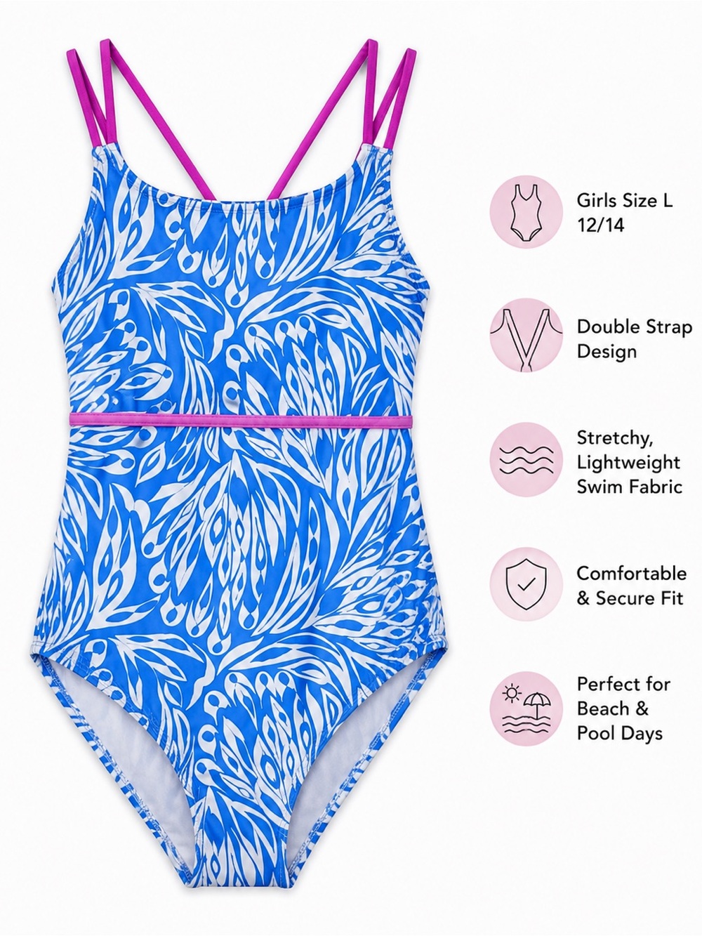 Spyder Girls One Piece Swimsuit Blue White Pink Straps Size L 12/14